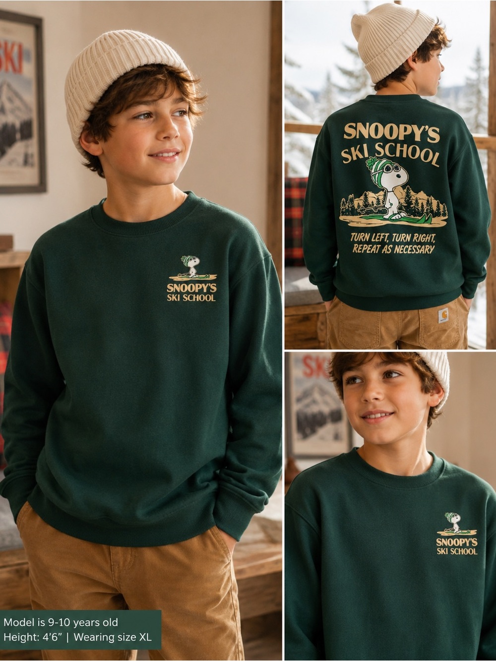 Peanuts Snoopy’s Ski School Sweatshirt Green Kids XL Oversized